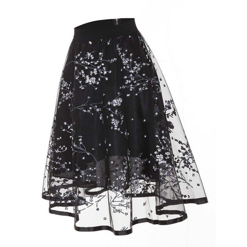 Women Casual Vintage Fashion European Style Fashion Floral Embroidery Elegant A-line Organza Tulle Skirt Black Red Green Drop Ship