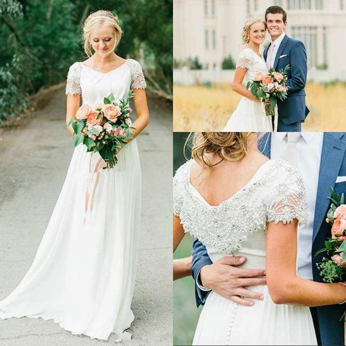 Country Dresses Short Sleeves Beading Crystal Chiffon V Neck Custom Made Plus Size Wedding Gowns Vestido De Novia