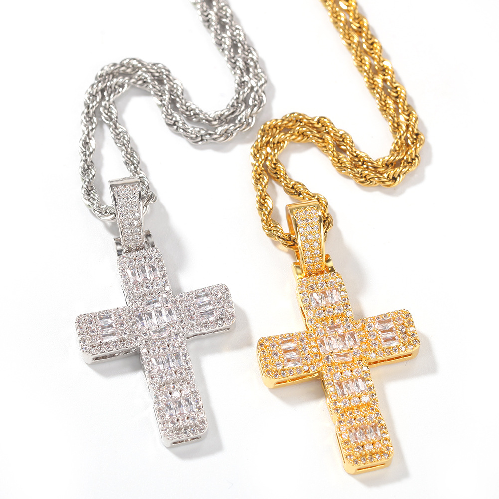 Hip Hop Shining White Zircon Cross Pendant Necklace Platinum Plated Necklace Men Women Lover Gift Religious Jewelry