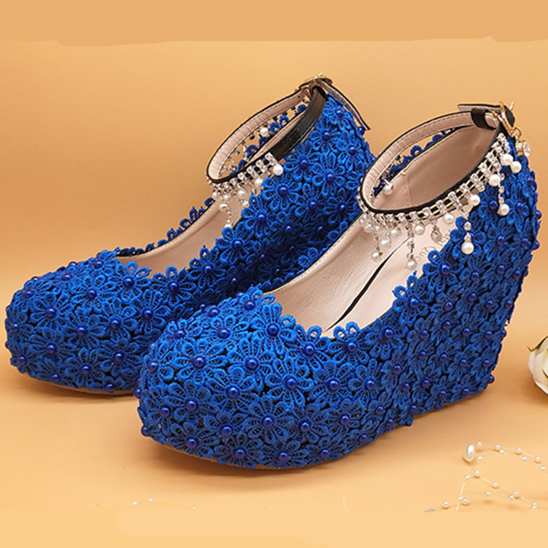 Pink Blue White Lace Wedding Shoes with Beading Buckle Straps Wedge Heel Fashion Women Pumps 4 Inches High Heel Bridesmaid Shoes