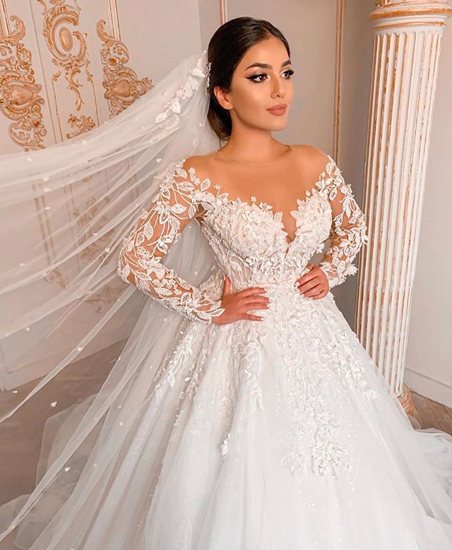modern new romantic wedding dresses gorgeous long sleeve lace appliqued vestidos de novia see through wedding dress robes de marie