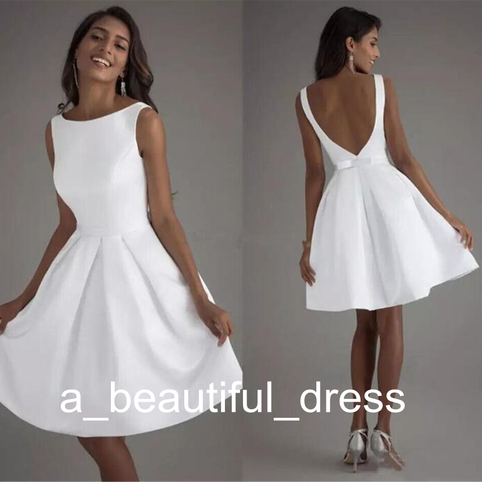 Cheap White Satin Short Graduation Dresses Scoop Neck Sleeveless Backless Simple Bridal Dresses Short Party Gowns Custom Made GD7814
