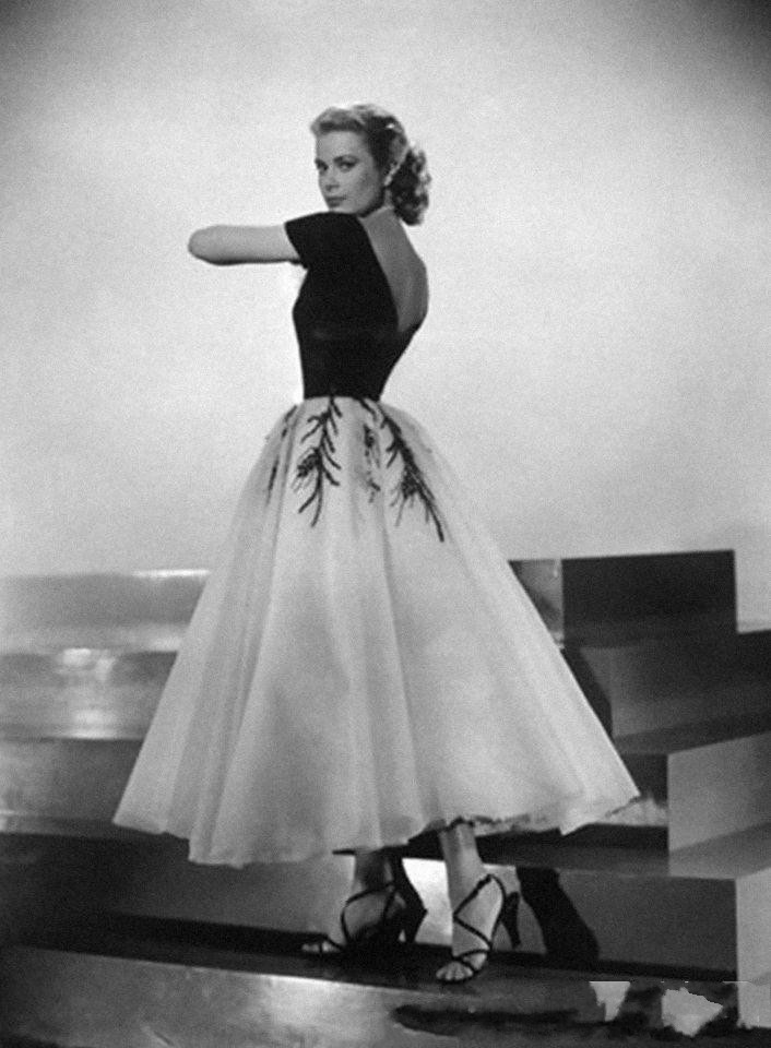 Vintage 50's Off Shoulder Tea Length Prom Dress Grace Kelly of Monaco White and Black Formal Evening Dress Party Wear