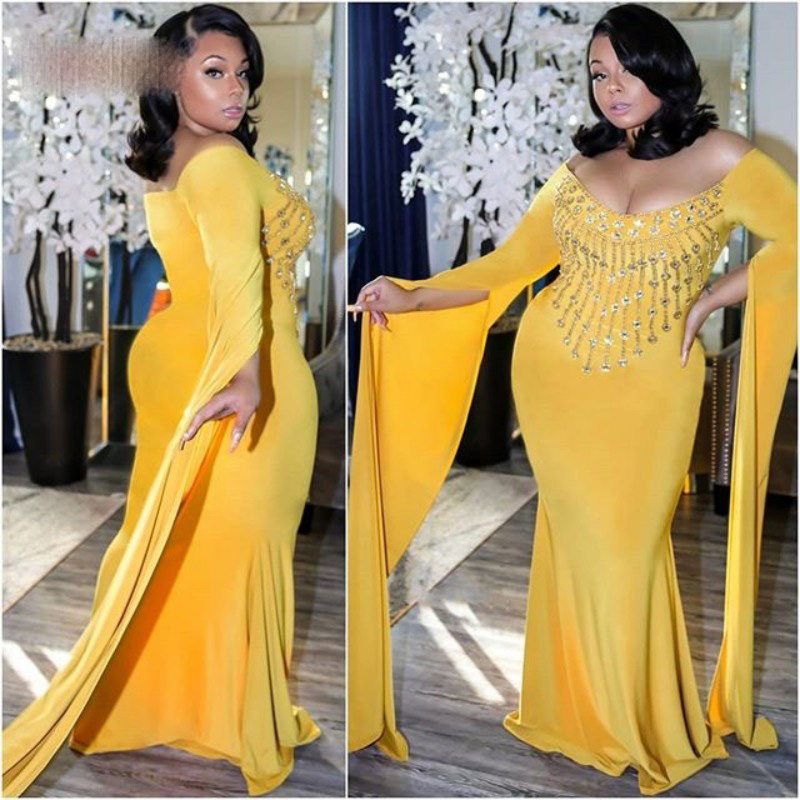Gold Gowns Plus Size Evening Dresses Scoop Long Sleeve Mermid Formal Dresses 2020 Stunning Beaded African Prom Dresses