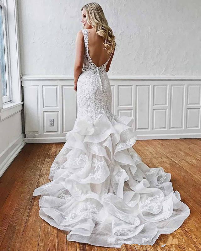 Sexy Mermaid Lace Backless Wedding Dresses 2019 Deep V Neck Beach Bridal Gowns Ruffled Skirt Plus Size Bohemian Trumpet Vestidos De Novia