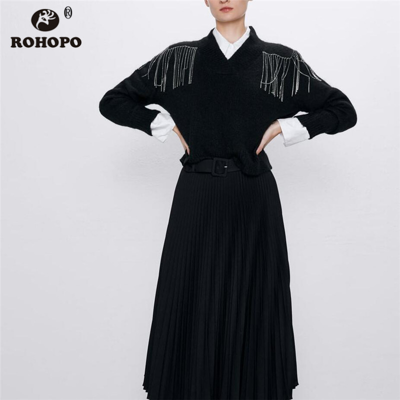 ROHOPO V Collar Long Sleeve Black Sweater Shoulder Beading Tassel Spring Ladies Solid Chic Knitted Pullover Tops Wear #9903
ROHOPO V Collar Long Sleeve Black Sweater Shoulder Beading Tassel Spring Ladies Solid Chic Knitted Pullover Tops Wear #9903