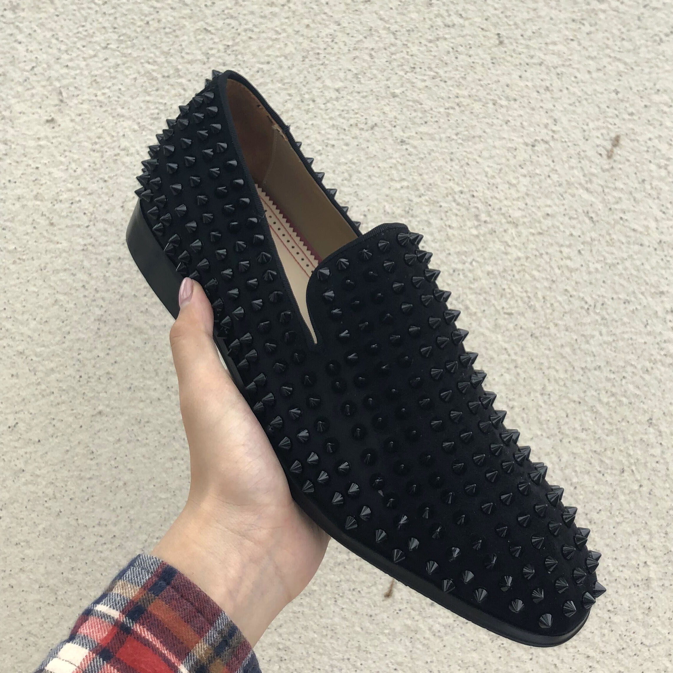 black spike rivets men loafers flats shoes brand designer red bottom men groom wedding dress shoes