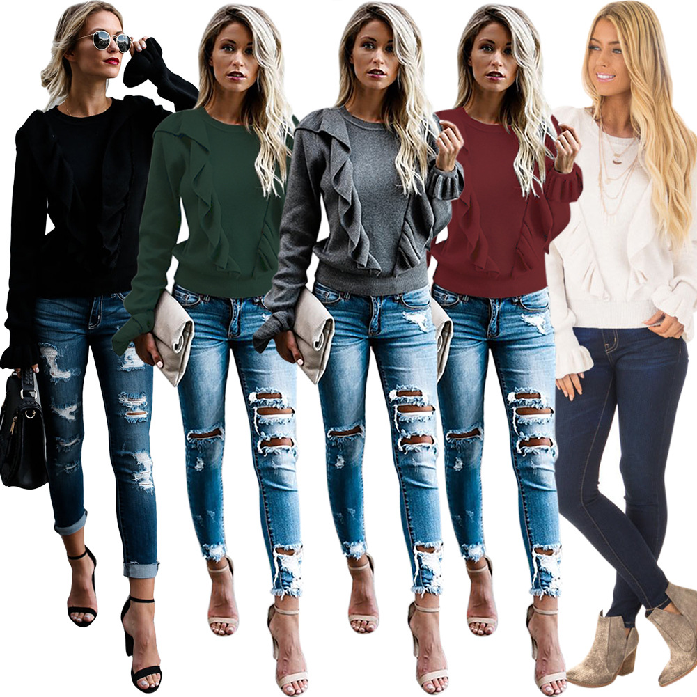 European leisure women's long-sleeved shirt wooden ear trumpet sleeve T-shirt white gray black self-supported mixed batch