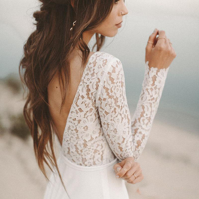 Simple Fall White Top Lace Country Beach Wedding Dresses V Neck Full Sleeve Chiffon Low Back Bohemian Bridal Gowns Slim casual Bride Dresses