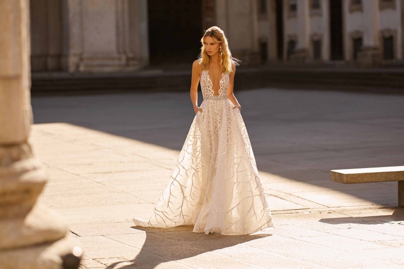 2020 Berta Wedding Dresses Deep V Neck Backless Beads Appliques Lace Wedding Gowns Sweep Train Vestidos De Novia