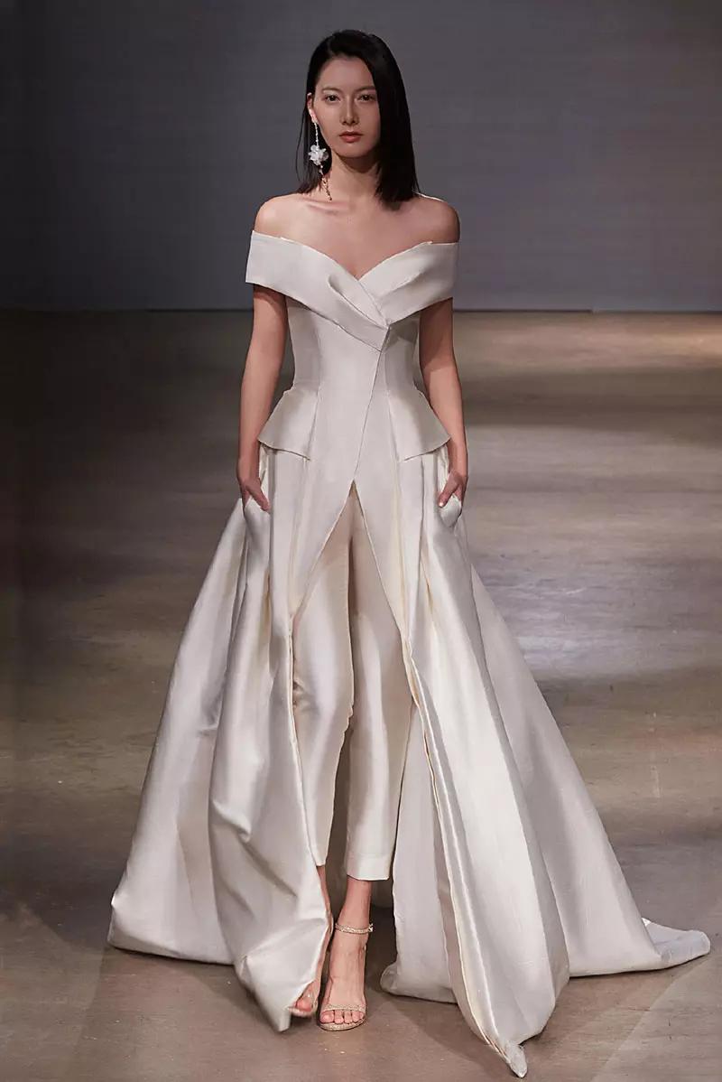 Simple Custom Made Off Shoulder Short Sleeves Bridal Jumpsuits Pants Overskirt Wedding Gowns Formal Guest Dresses 38 0510