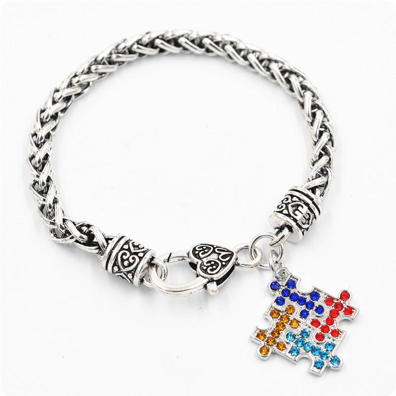 Autism Awareness Puzzle Jigsaw Colorful Fashion Square Enamel Charm Bracelet Friendship Jewelry for kids boys girls unisex women men