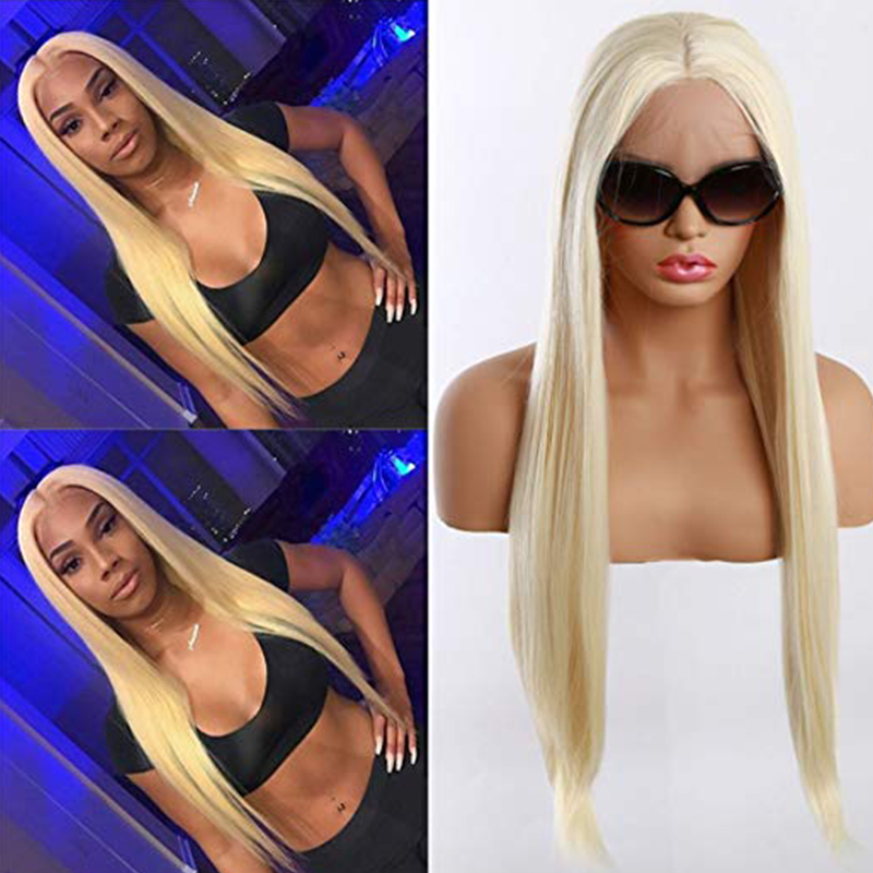 Long Silky Straight Human Hair Pure 613 Light Blonde Color Heat Resistant Wigs Synthetic Lace Front Wig With Baby Hair For Fashion Women