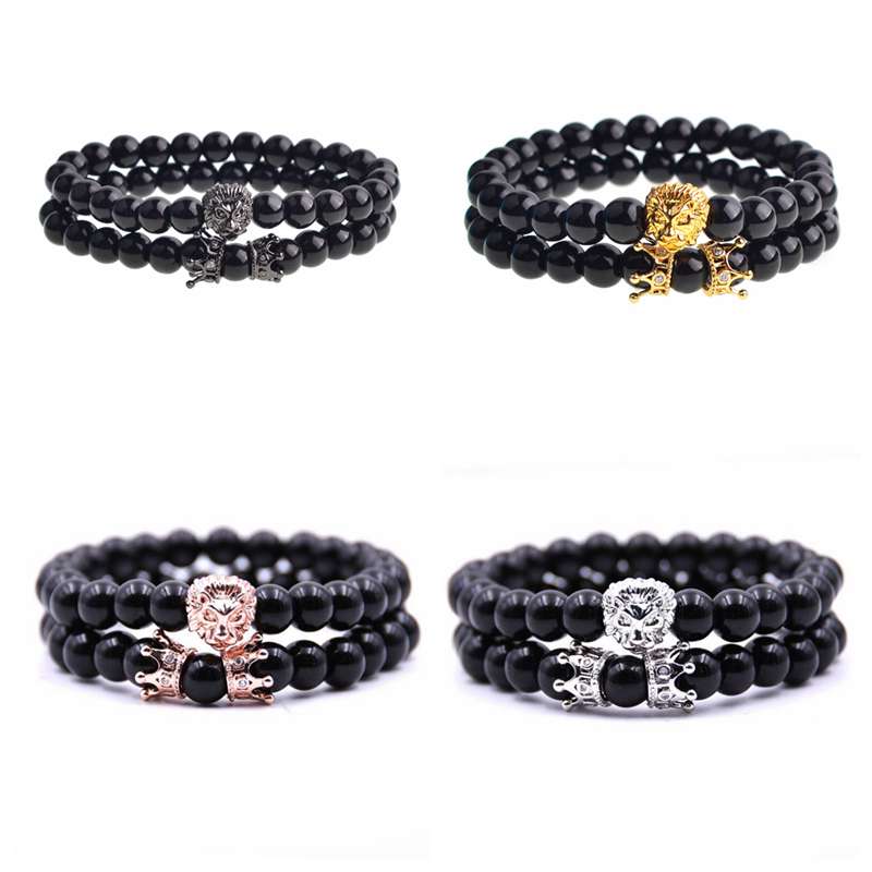 2pcs set black micro inlay double crown copper lion head bracelet men and women couple friendship bracelet