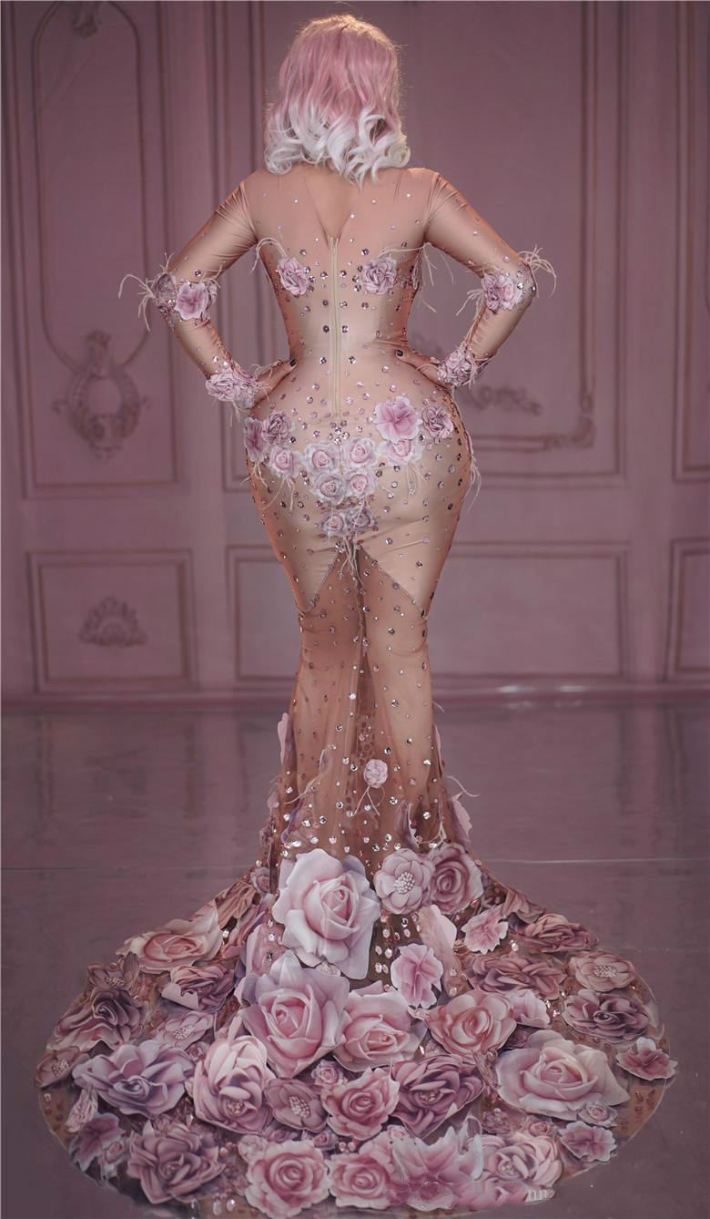 Sexy Mermaid Prom Dresses High Neck Lace Handmade Flowers Crystal Illusion Evening Dress Sweep Train Long Sleeve Special Ocassion Gowns