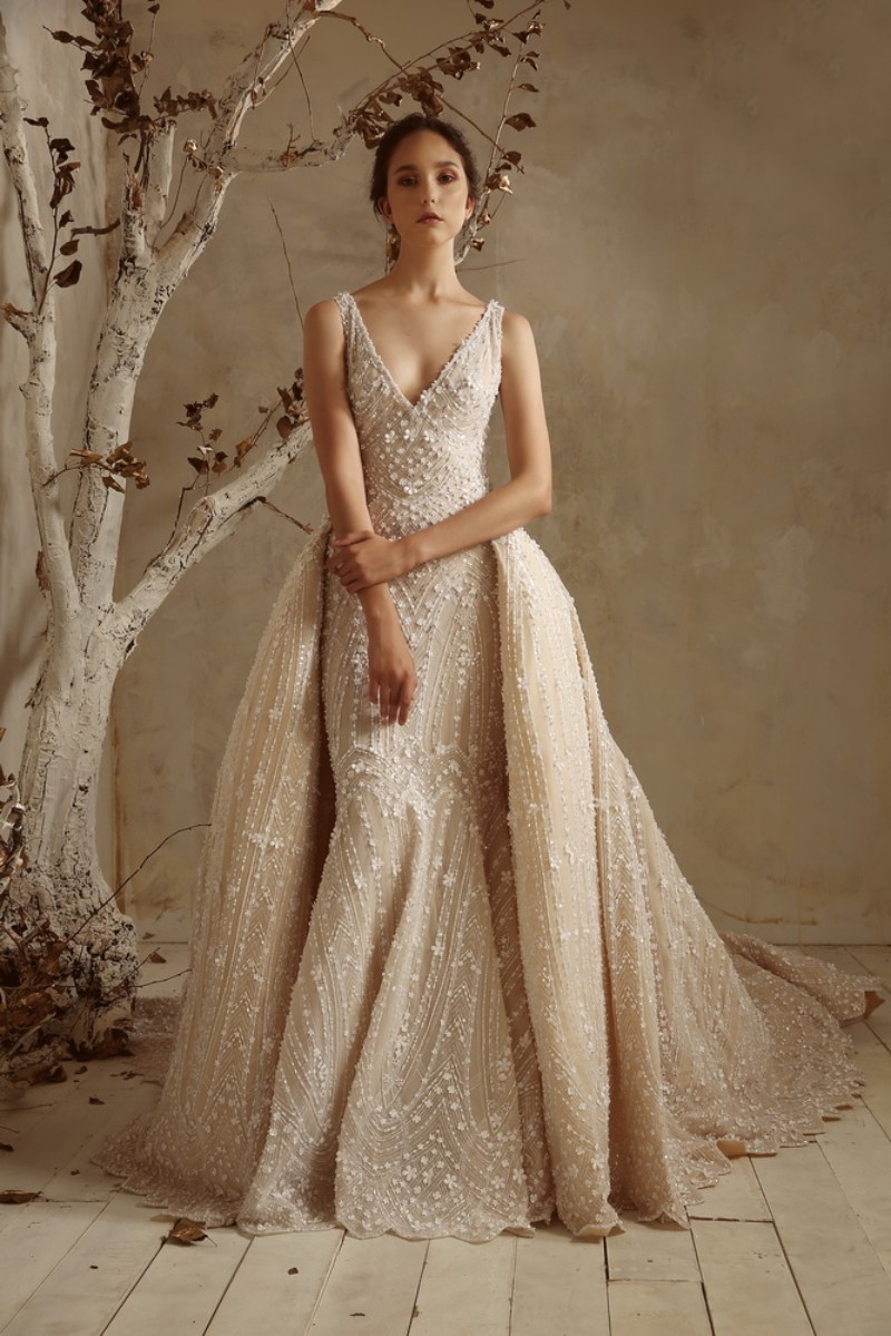 Tony Ward 2019 Mermaid Wedding Dresses With Detachable Train V Neck Lace Beaded Bridal Gowns 3D Floral Appliqued Plus Custom Wedding Dress