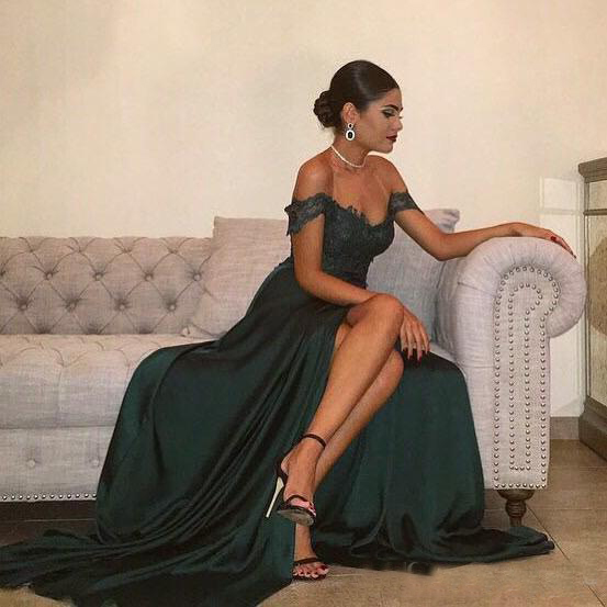 2020 Evening Gowns A-Line Hunter Green Chiffon High Split Cutout Side Slit Lace Top Sexy Off Shoulder Hot Formal Party Dress Prom Dresses