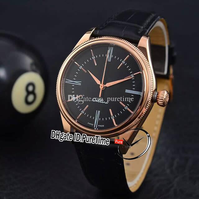 

New Cellini Time M50505 18K Rose Gold Black Dial A2813 Automatic Mens Watch Fluted Bezel Stick Roman Markers Black Leather Puretime R30c3, Customer-defined waterproof service