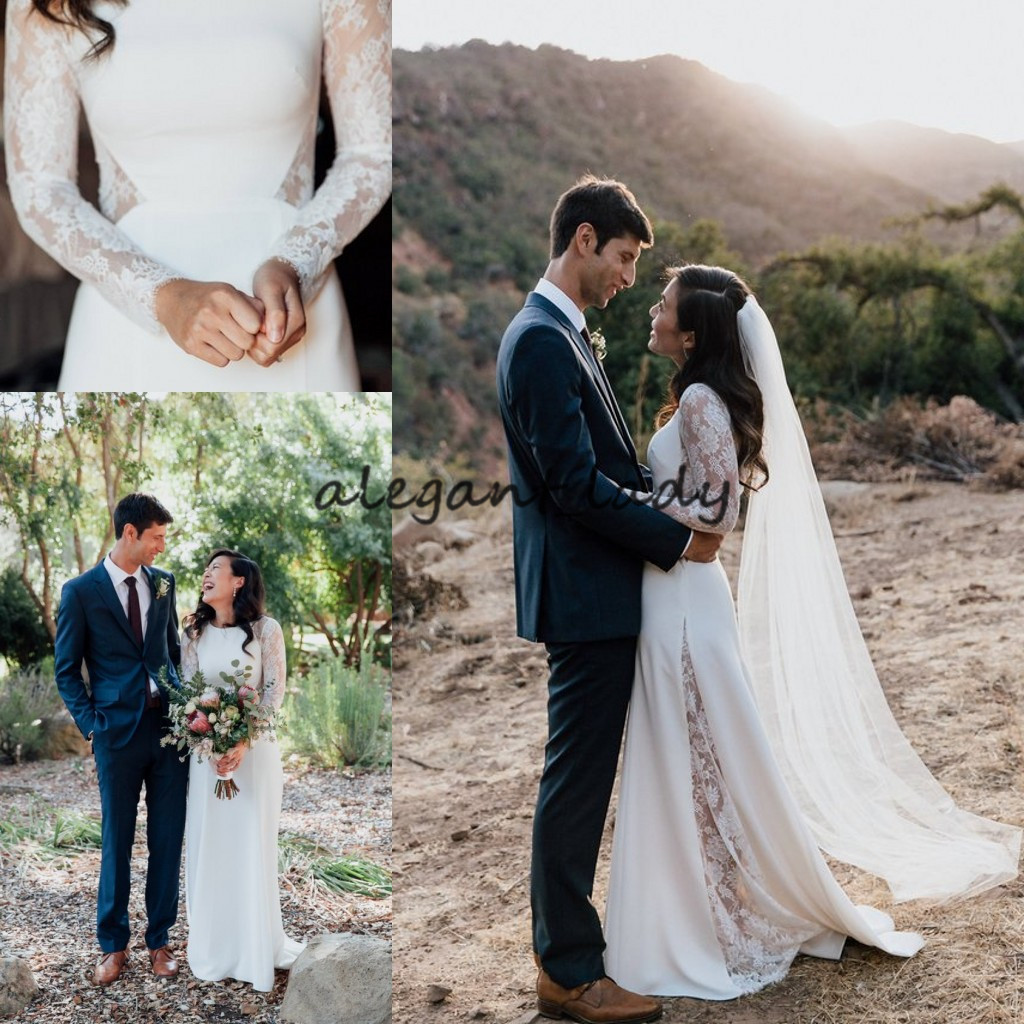 Bohemian Sheath Wedding Dresses with Long Sleeve 2019 Retro Jewel Neck Lace Chiffon Country Garden Bridal Gowns Wedding Dress