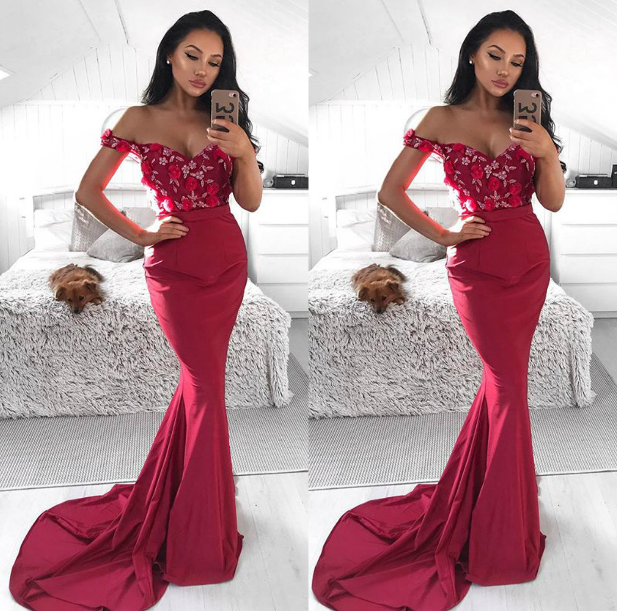 Dark Red Mermaid Prom Dresses Lace Appliqued Beaded Off The Shoulder Evening Dress 2020 Satin Formal Party Gowns Vestidos De