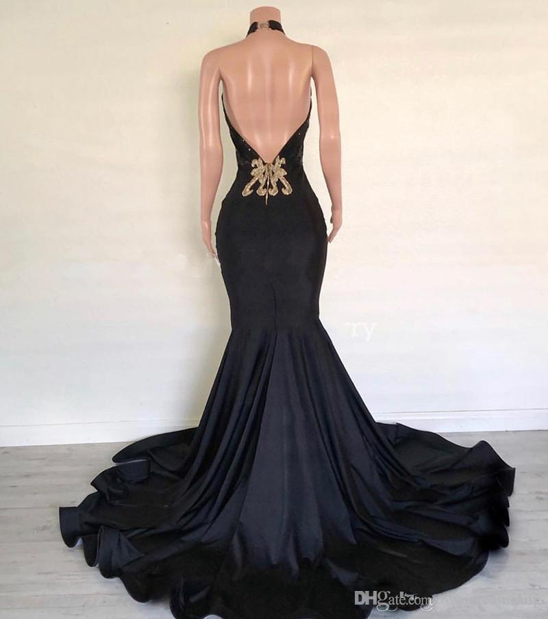 Long Mermaid Prom Dresses 2020 Halter Gold Applique Satin Backless African Black Girls 'Formal Party Evening Gowns