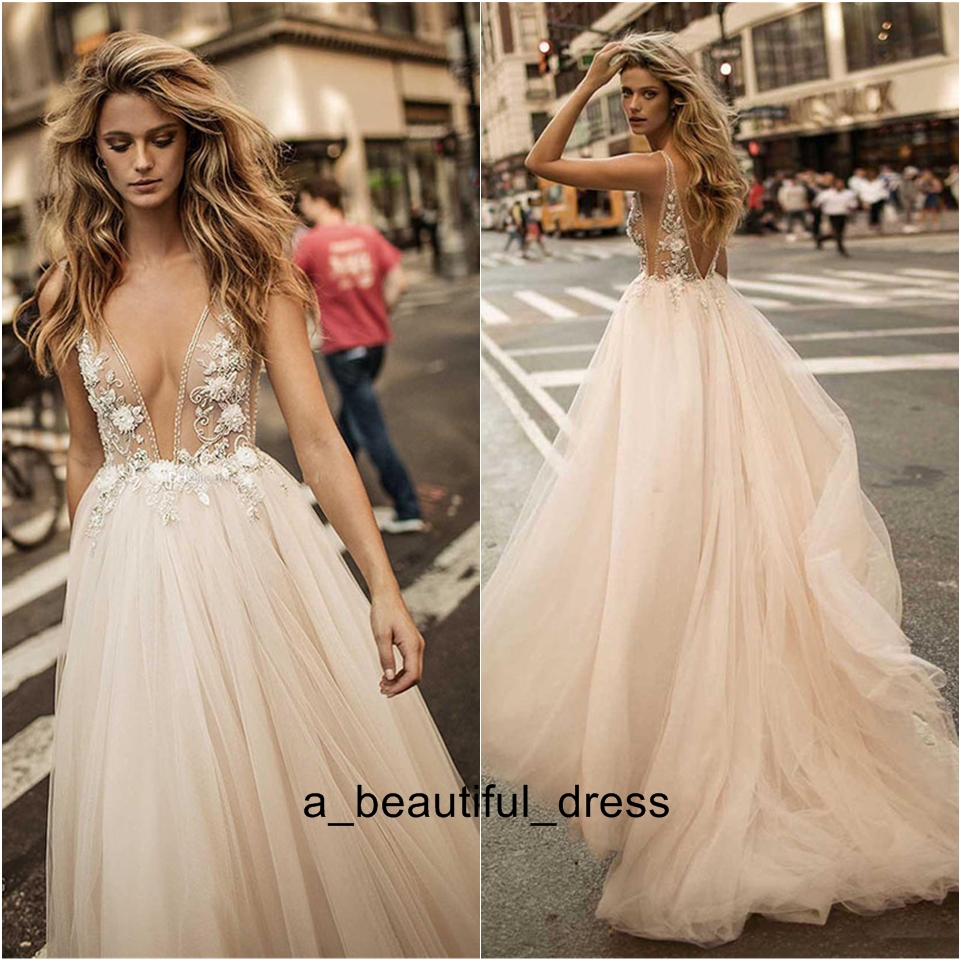 Beach Wedding Dress Sexy Backless Deep v neck Bridal Gowns Summer Boho champagne Wedding Dress robe de soiree