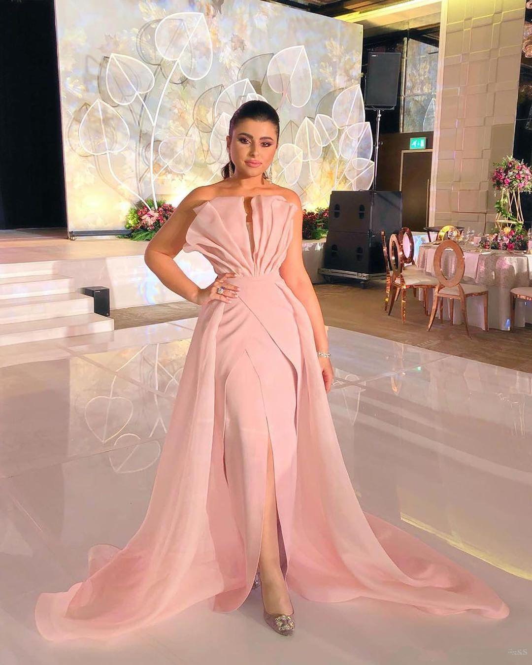 Pink Sheath Elegant Evening Gowns With Long Train Front Split Strapless Abendkleider Cheap Long Prom Dresses Party Formal Gowns