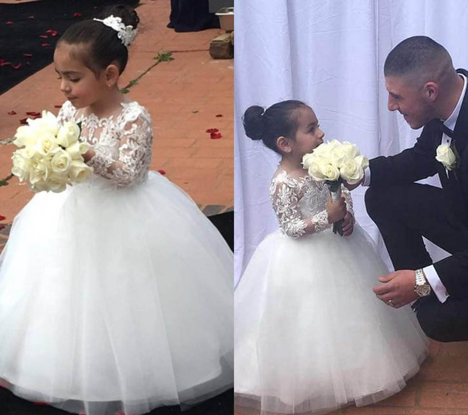 Long Sleeves Lace Top Flower Girl Dresses Ball Gown for Wedding Little Grils Pageant Gowns Birthday Party Dress Custom Size Lovely