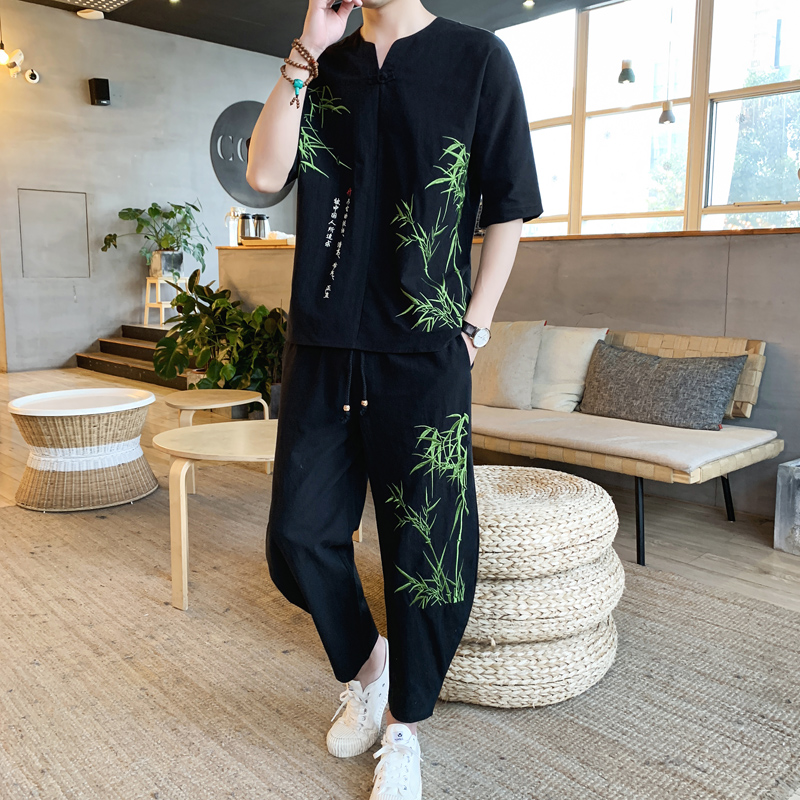 Sinicism Store Bamboo Embroidery Tracksuit Men 2019 Mens Summer Linen Sweatsuits Male Streetwear Chinese Vintage 2 Piece Sets