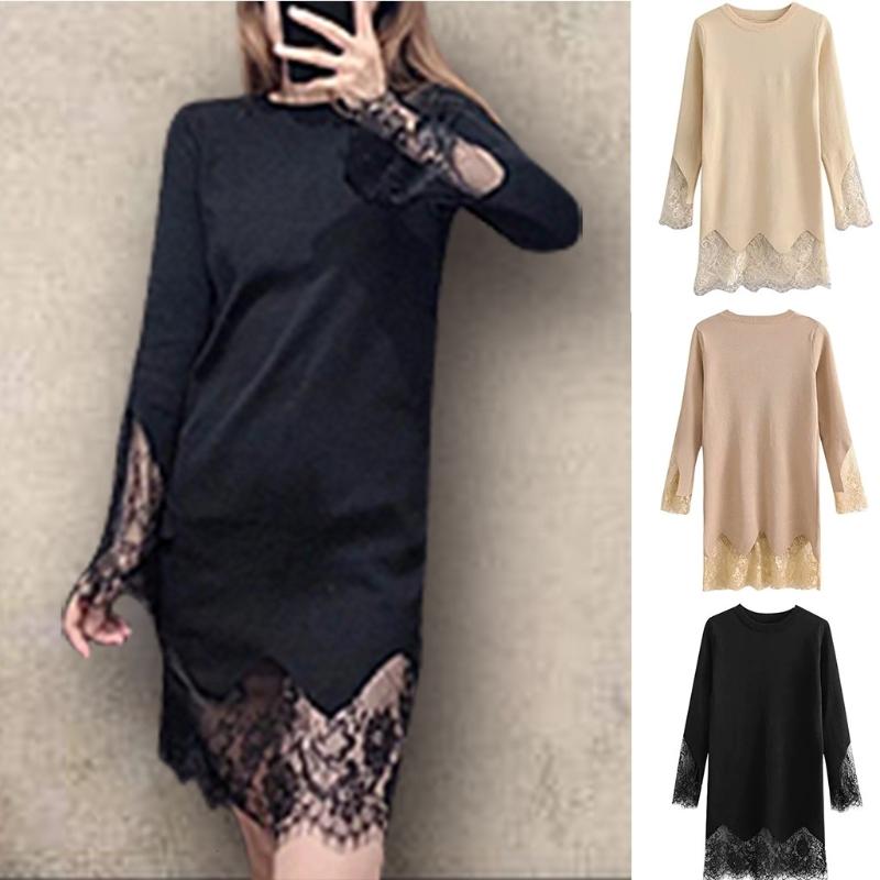 Sexy Women Solid Dress Fashion O-Neck Lace Stitching Pullover Knit Top Sweater Dress Holiday Evening Party Ladies Midi Dresses, Beige
Sexy Women Solid Dress Fashion O-Neck Lace Stitching Pullover Knit Top Sweater Dress Holiday Evening Party Ladies Midi Dresses, Beige