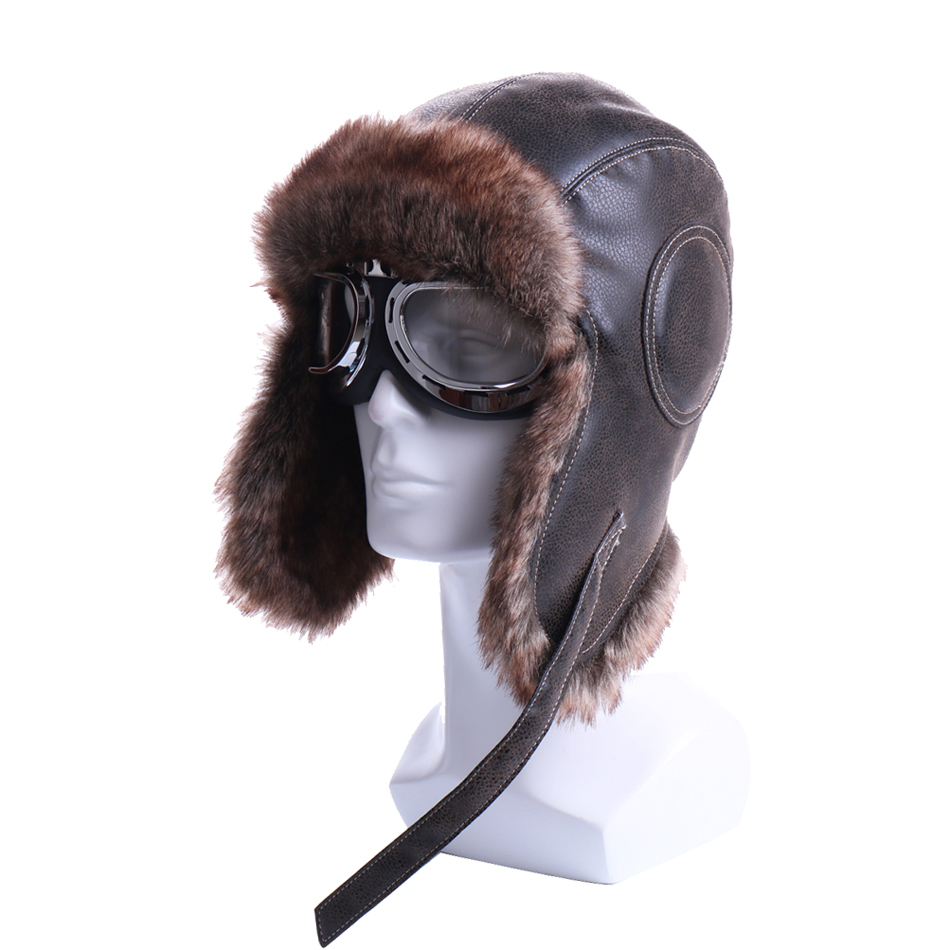 Winter Bomber Hats Plush Earflap Russian Ushanka with Goggles Men Women's Trapper Aviator Pilot Hat Faux Leather Fur Snow Caps D19011503