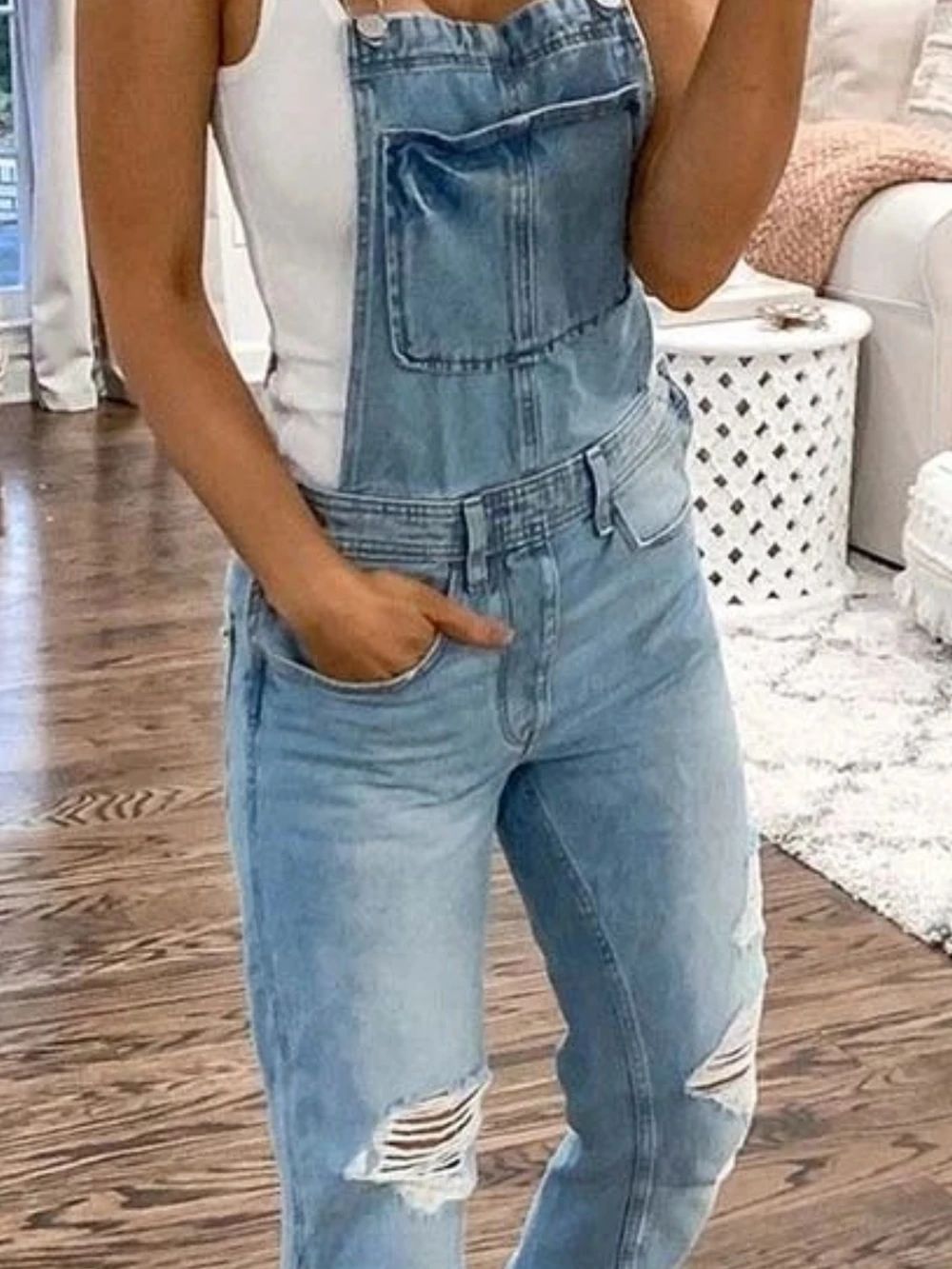 Spot Jumpsuits European spring and summer sports shoulder strap hole denim jumpsuit women's casual support mixed batch