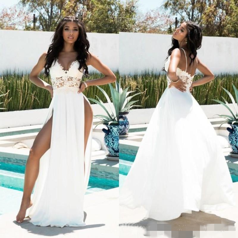 Beach Dresses Sexy Deep V Neck Side Slit High Split Lace Applique Spaghetti Straps Floor Length Chiffon Wedding Bridal Gown