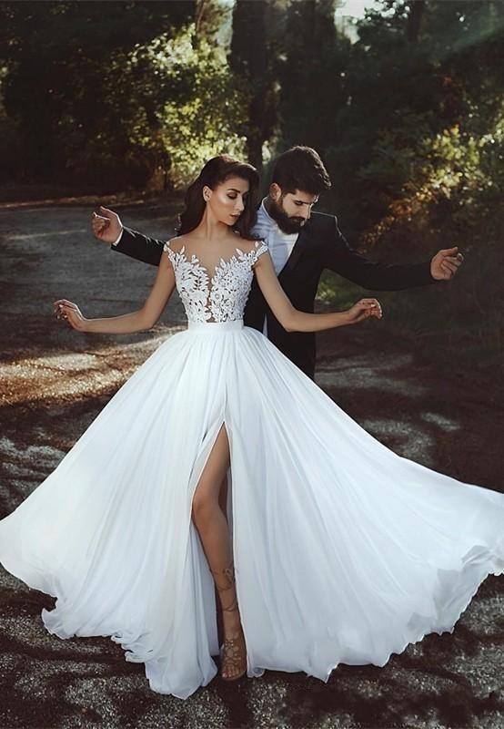 Plus Size Arabic Cheap A E Wedding Dresses Illusion Cap Sleeves Lace Appliques Split Chiffon Bohemian Beach Sweep Train Bridal Gowns Ppliques 0914