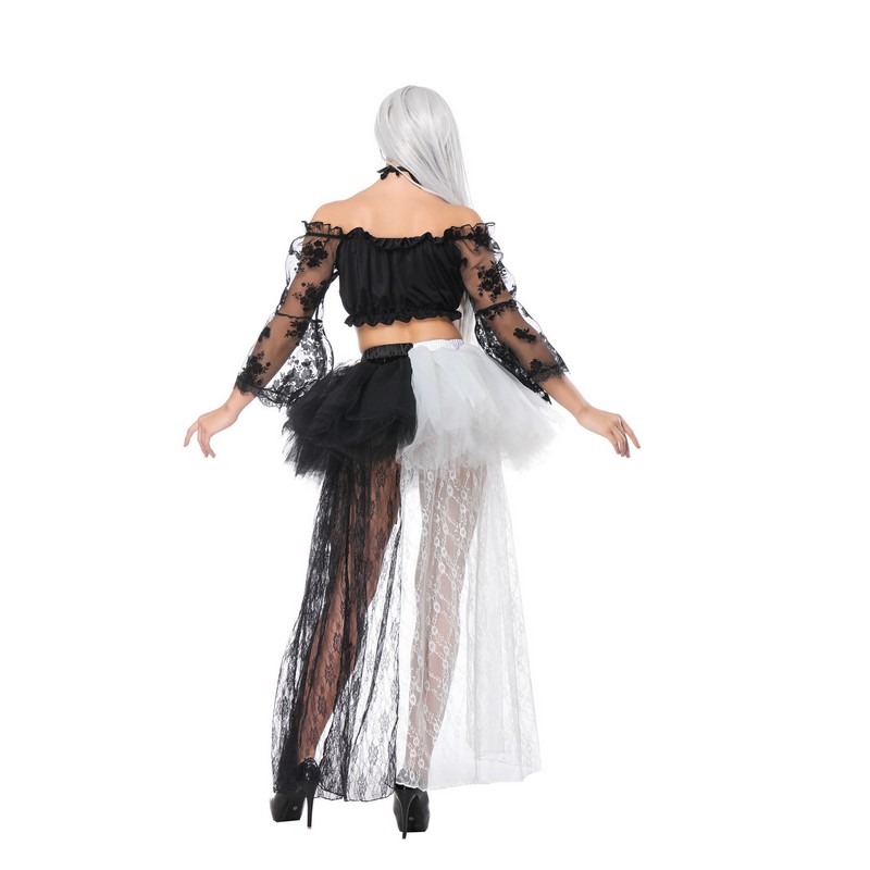 Women 2pcs Dancing Outfit Lolita Rose Floral Lace Mesh Long Sleeves Crop Top with Contrast Mini TUTU Floor Tail Hi-lo Skirt Pardy Dress