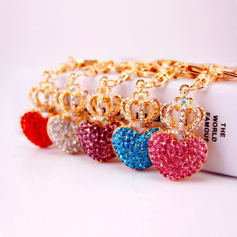 Crown Pendant Keychain Crystal Rhinestone Love Heart Keyrings Gold Tone Plated Lobster Clasp Car Key Ring Women Fashion Key Chains