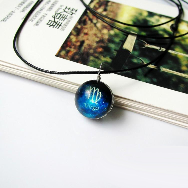 12 Zodiac Signs Luminous Necklace women Glow in the dark constellation Glass gemstone Pendant Black leather wax rope chains For Men Jewelry
