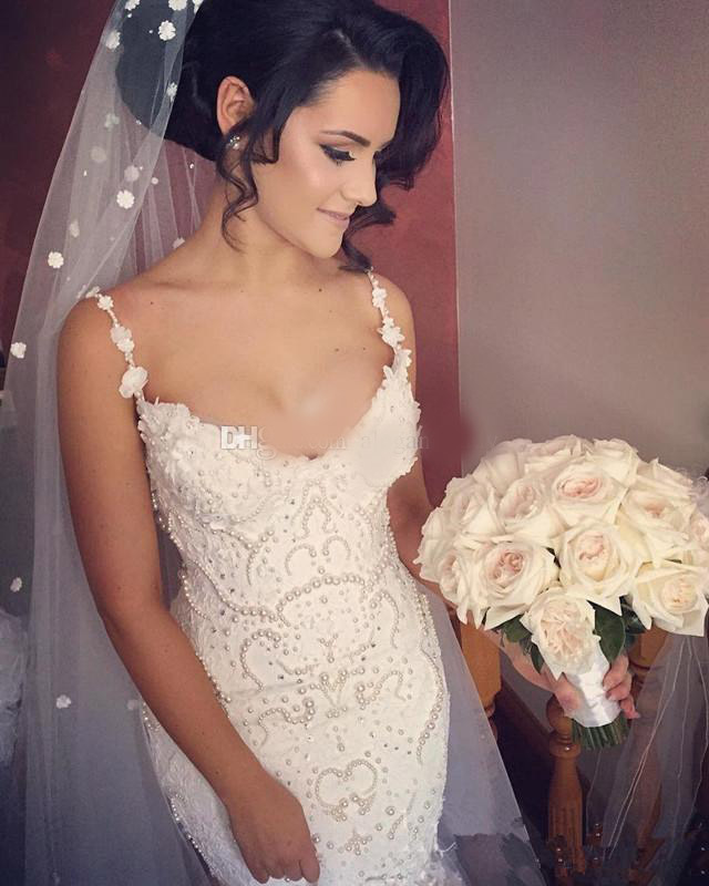 Elegant Appliques Lace Pearls Wedding Dresses Spaghetti Mermaid 3D Flora 2020 Sweep Train Boho Garden Bridal Gown Custom Made