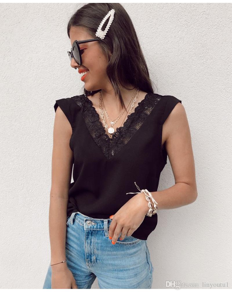 2020 Summer Sexy Tops White Lace Hollow Out See Through T Shirt Women Clothes Deep V Neck Shirts Backless Lace Up Tshirt Streetwear