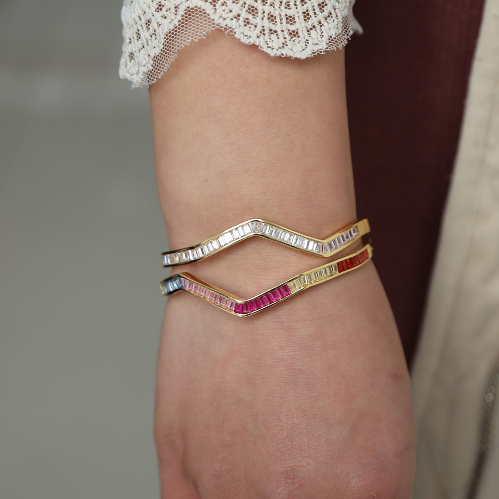 wave band cuff bangle bracelet fashion luxury bezel baguette cubic zirconia sparking bling high quality fashion women jewelry