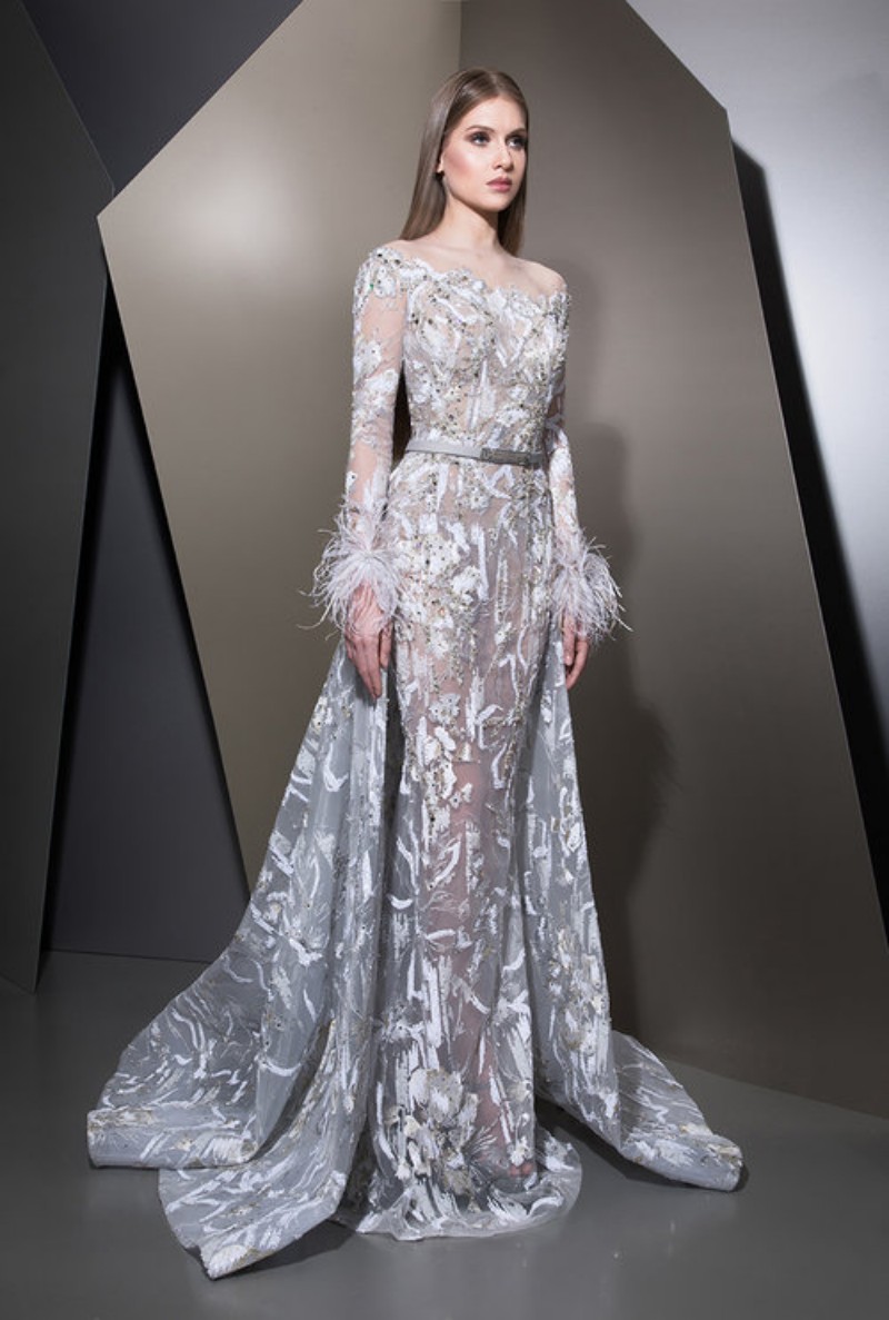 2019 Ziad Naked Mermaid prom dresses detachable train sheer neck long sleeves Prom Dresses Feathers Long Sleeves Party Evening Gowns Custom