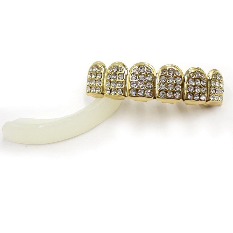 Gold Teeth Grillz Rhinestone Shiny Grills Set ICED OUT Teeth Hip Hop Jewelry