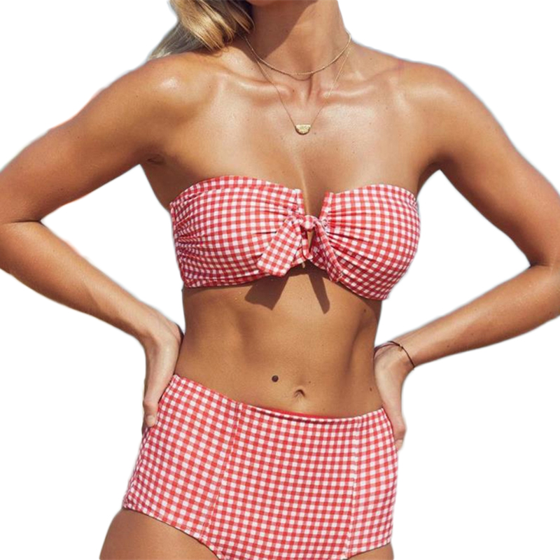 Ready to Ship red plaid bikini high waist Tie front