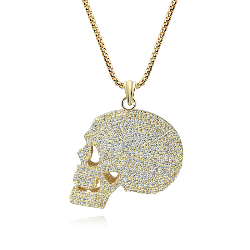 Wholesale-Gold Color Skull Pendants Hip Hop CZ Stone Paved Bling Ice Out Necklace for Men Rapper Jewelry