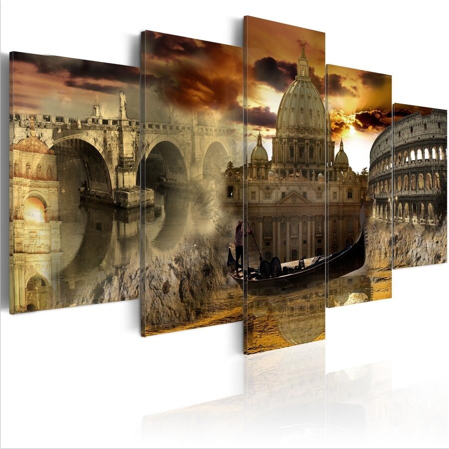 ( No Frame)5PCS/Set Modern Abstract Beauty of Italy Architectural Landscape Art Print Frameless Canvas Painting Wall Picture Home Decoration