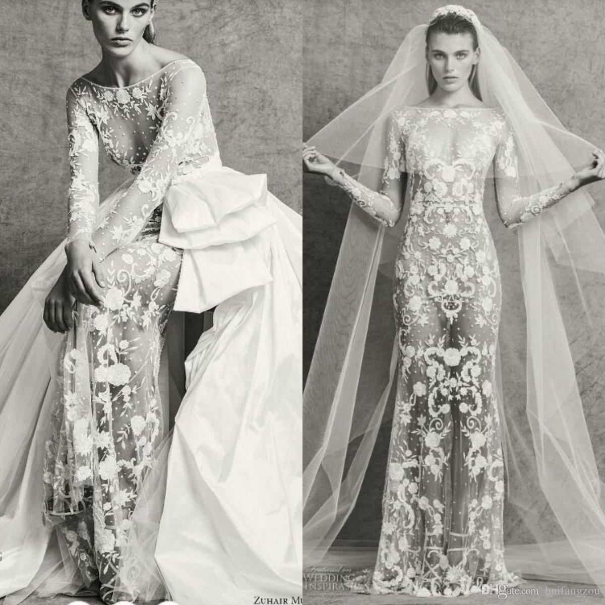 Zuhair Murad 2018 Fall Wedding Dress Sexy Illusion Sheer Bateau Neckline Lace Applique Bridal Gowns With Satin Detachable Train, White
Zuhair Murad 2018 Fall Wedding Dress Sexy Illusion Sheer Bateau Neckline Lace Applique Bridal Gowns With Satin Detachable Train, White