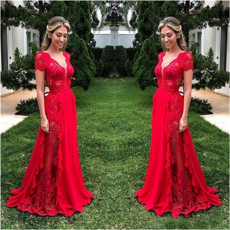 2020 Gorgeous Lace Long Bridesmaid Dresses For Wedding Red Deep V-Neck Cap Sleeve Maid Of Honor Gowns Chiffon Floor Length Bridesmaid Dress