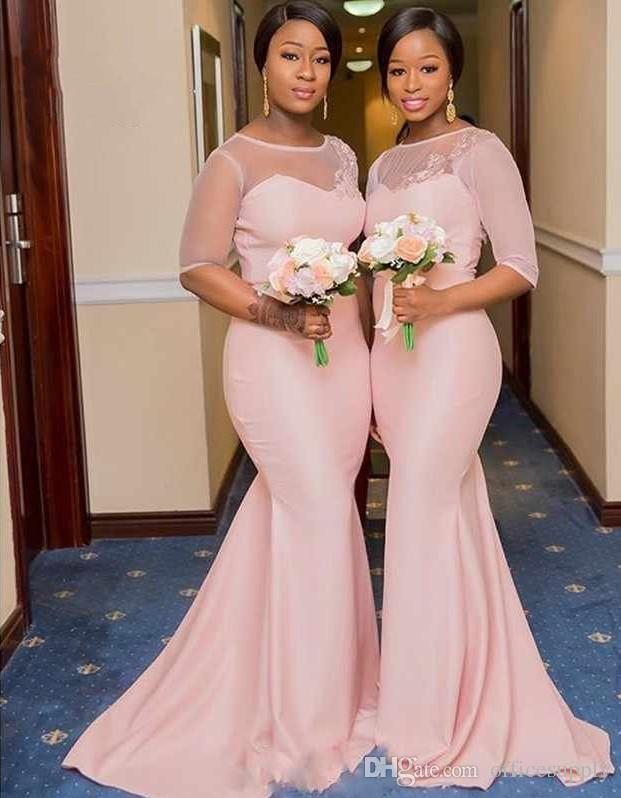 Nigerian African Light Pink Appliques Bridesmaid Dresses Long Tulle Illusion Half Sleeve Scoop Neck Wedding Guest Dress Elegant Prom Gowns