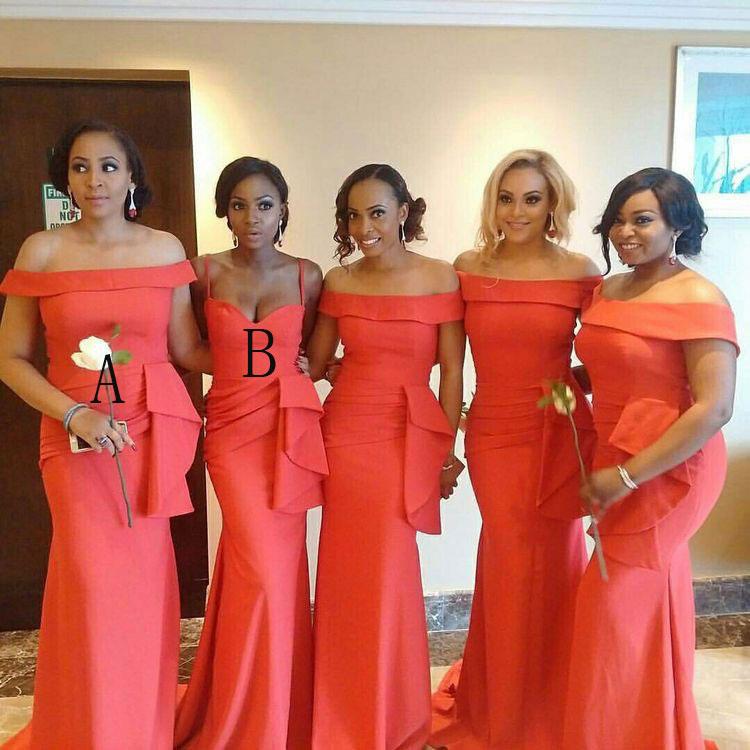 African Coral Mermaid Bridesmaid Dresses 2019 Portrait Neck Floor Length Plus Size Evening Prom Dress Wedding Guest Gowns