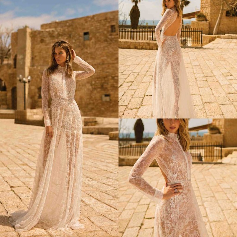 Berta Illusion Wedding Dresses Sexy Backless Long Sleeve Plus Size Bridal Gowns High Neck Wedding Dress